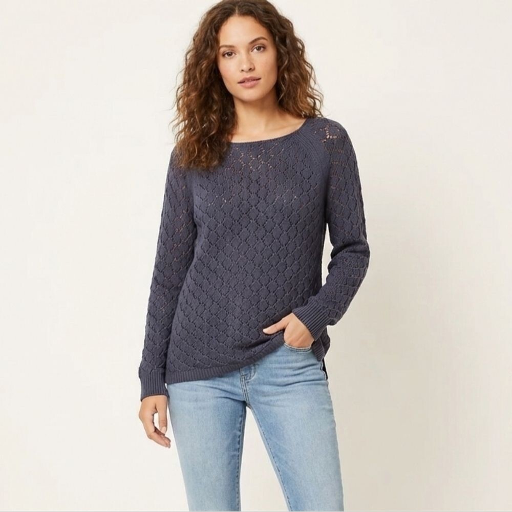 LOFT | Blue Gray Diamond Open Knit Pullover Sweater Coastal Cowgirl Casual M
